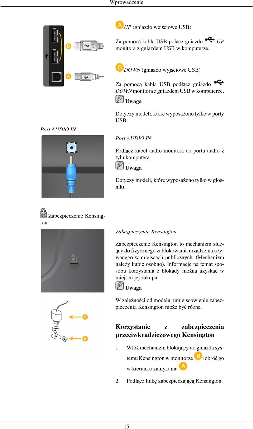 Port AUDIO IN Podłącz kabel audio monitora do portu audio z tyłu komputera. Dotyczy modeli, które wyposażono tylko w głośniki.