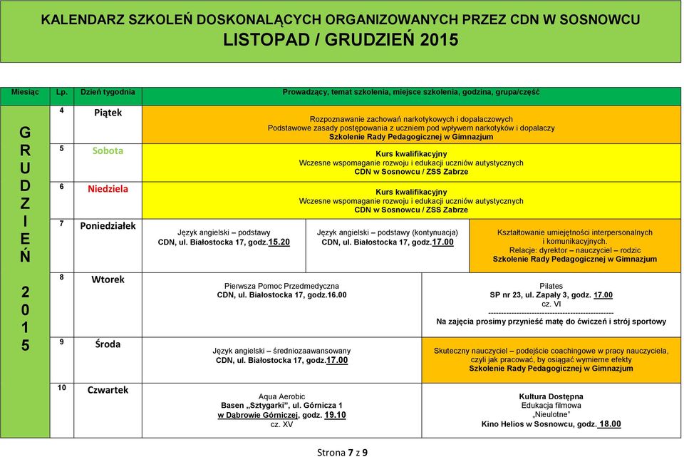 wpływem narkotyków i dopalaczy w Gimnazjum obota Kurs kwalifikacyjny CN w osnowcu / Z Zabrze 6 Niedziela Kurs kwalifikacyjny CN w osnowcu / Z Zabrze 7 oniedziałek CN, ul. Białostocka 7, godz.