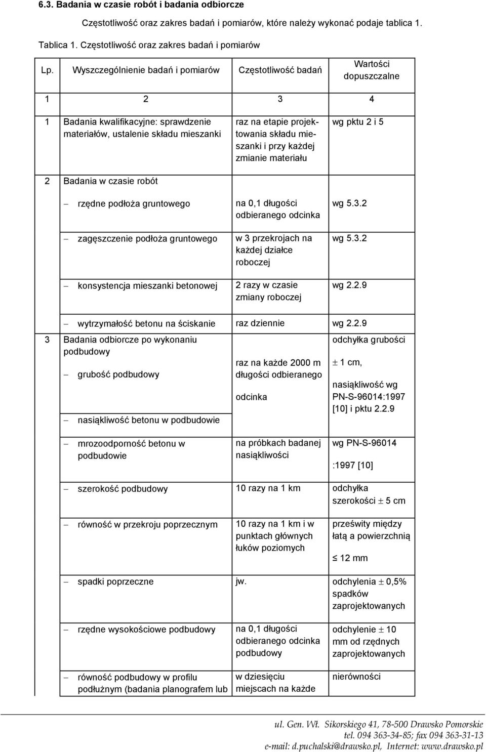 podłoża gruntowego zagęszczenie podłoża gruntowego konsystencja mieszanki betonowej raz na etapie projektowania składu mieszanki i przy każdej zmianie materiału na 0,1 długości odbieranego odcinka w