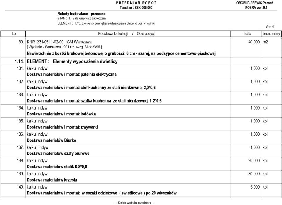 kalkul indyw 1,000 kpl Dostawa materiałów i montaŝ patelnia elektryczna 132. kalkul indyw 1,000 kpl Dostawa materiałów i montaŝ stół kuchenny ze stali nierdzewnej 2,0*0,6 133.