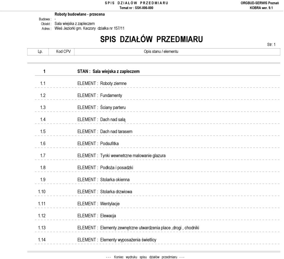 5 ELEMENT : Dach nad tarasem 1.6 ELEMENT : Podsufitka 1.7 ELEMENT : Tynki wewnetrzne malowanie glazura 1.8 ELEMENT : PodłoŜa i posadzki 1.9 ELEMENT : Stolarka okienna 1.