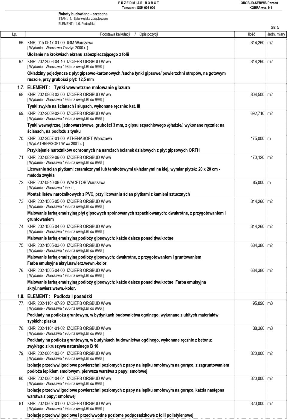 ELEMENT : Tynki wewnetrzne malowanie glazura 68. KNR 202-0803-03-00 IZOiEPB ORGBUD W-wa 804,500 m2 Tynki zwykłe na ścianach i słupach, wykonane ręcznie: kat. III 69.