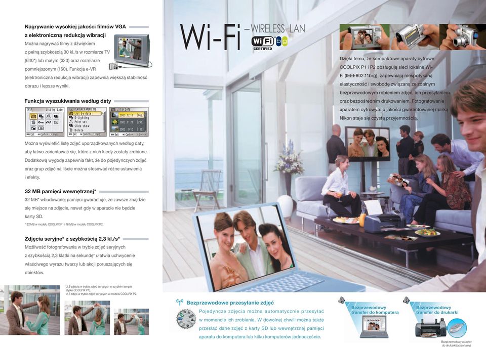 Funkcja wyszukiwania według daty MEGAPIXEL Dzięki temu że kompaktowe aparaty cyfrowe COOLPIX P1 i P2 obsługują sieci lokalne Wi- Fi (IEEE802.