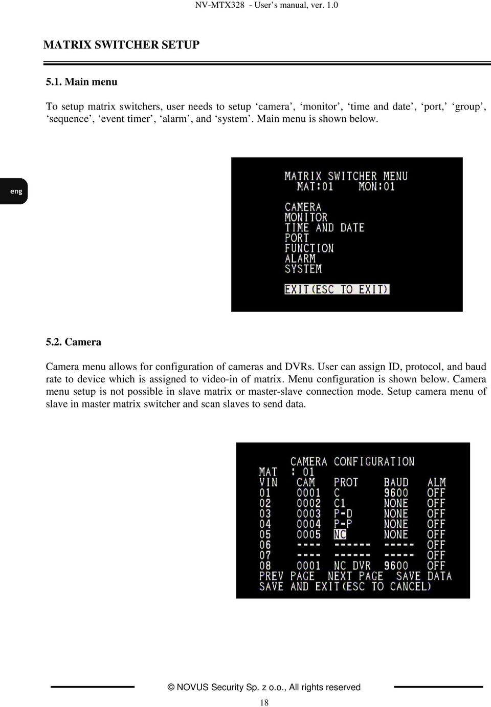 Main menu To setup matrix switchers, user needs to setup camera, monitor, time and date, port, group, sequence, event timer, alarm, and system.