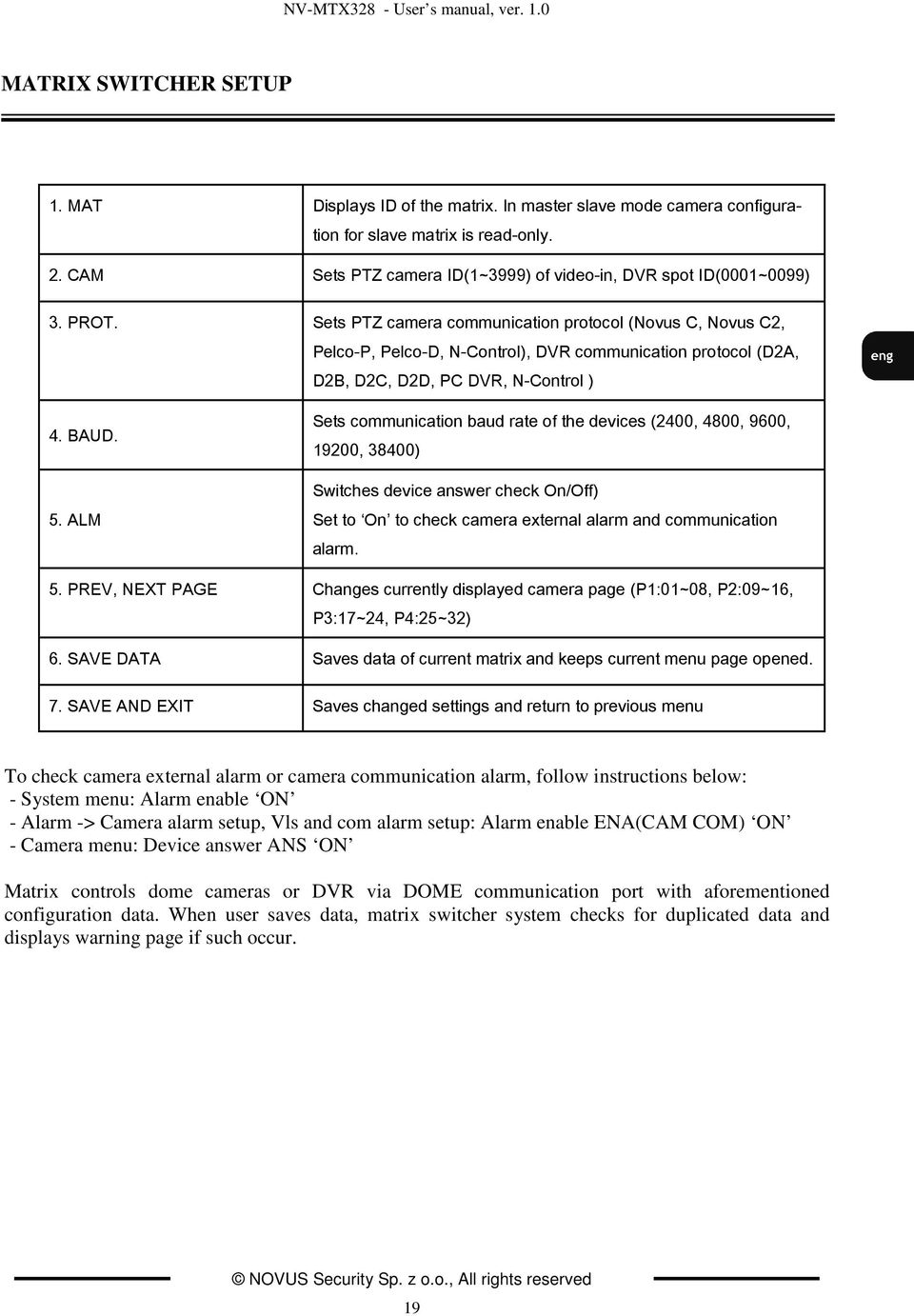 Sets PTZ camera communication protocol (Novus C, Novus C2, Pelco-P, Pelco-D, N-Control), DVR communication protocol (D2A, D2B, D2C, D2D, PC DVR, N-Control ) 4. BAUD. 5.