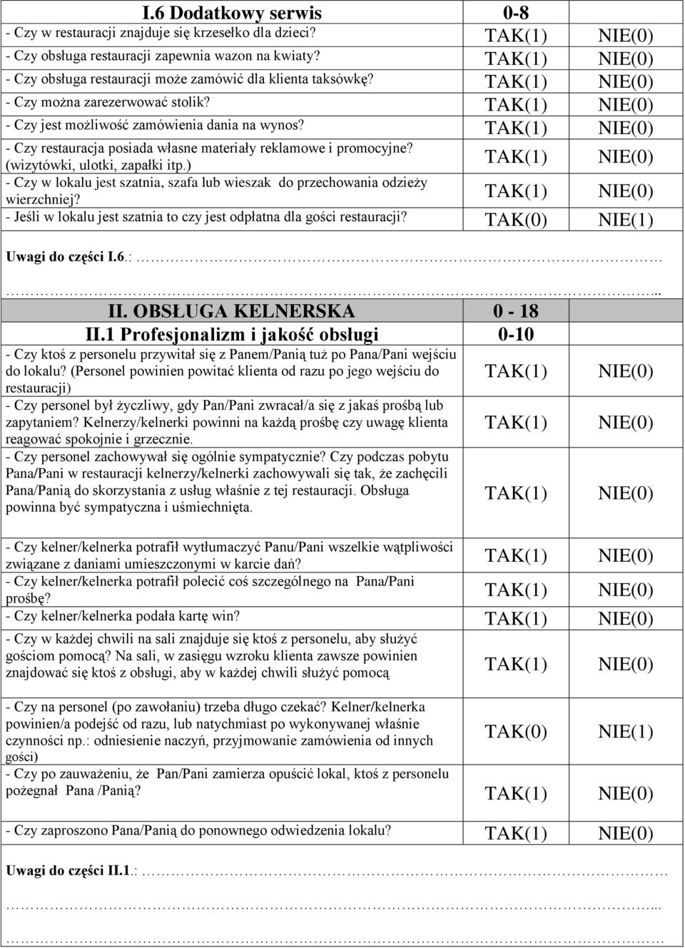 ) - Czy w lokalu jest szatnia, szafa lub wieszak do przechowania odzieży wierzchniej? - Jeśli w lokalu jest szatnia to czy jest odpłatna dla gości restauracji? TAK(0) NIE(1) Uwagi do części I.6.: II.