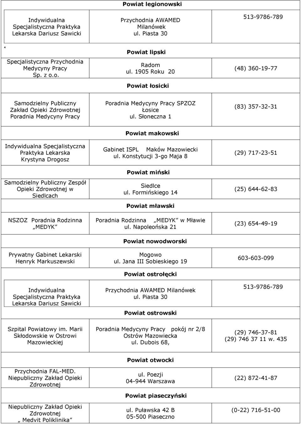 Słoneczna 1 (83) 357-32-31 Praktyka Lekarska Krystyna Drogosz Zespół Opieki w Siedlcach NSZOZ Poradnia Rodzinna MEDYK Prywatny Gabinet Lekarski Henryk Markuszewski Indywidualna Powiat makowski