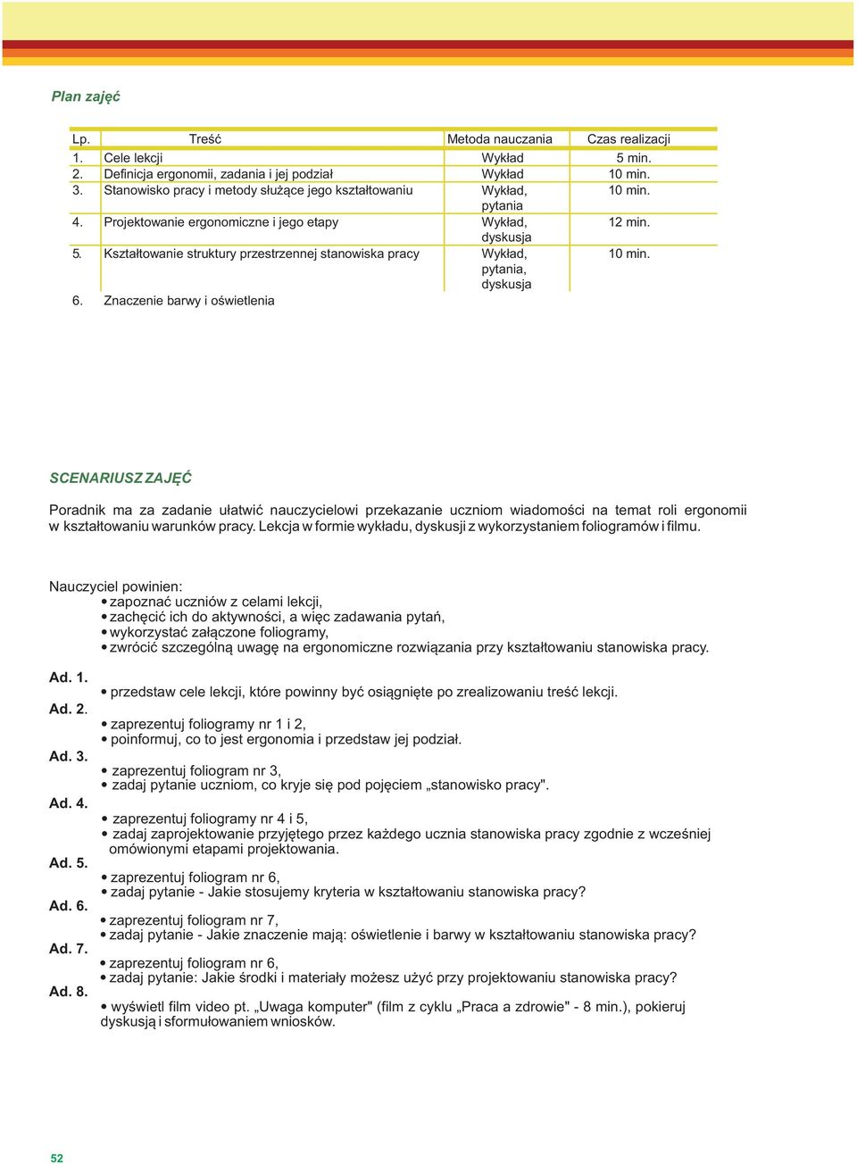 Kształtowanie struktury przestrzennej stanowiska pracy Wykład, 10 min. pytania, dyskusja 6. Znaczenie barwy i oświetlenia projektowaniu s Wykład, pytania 10 min. 7.