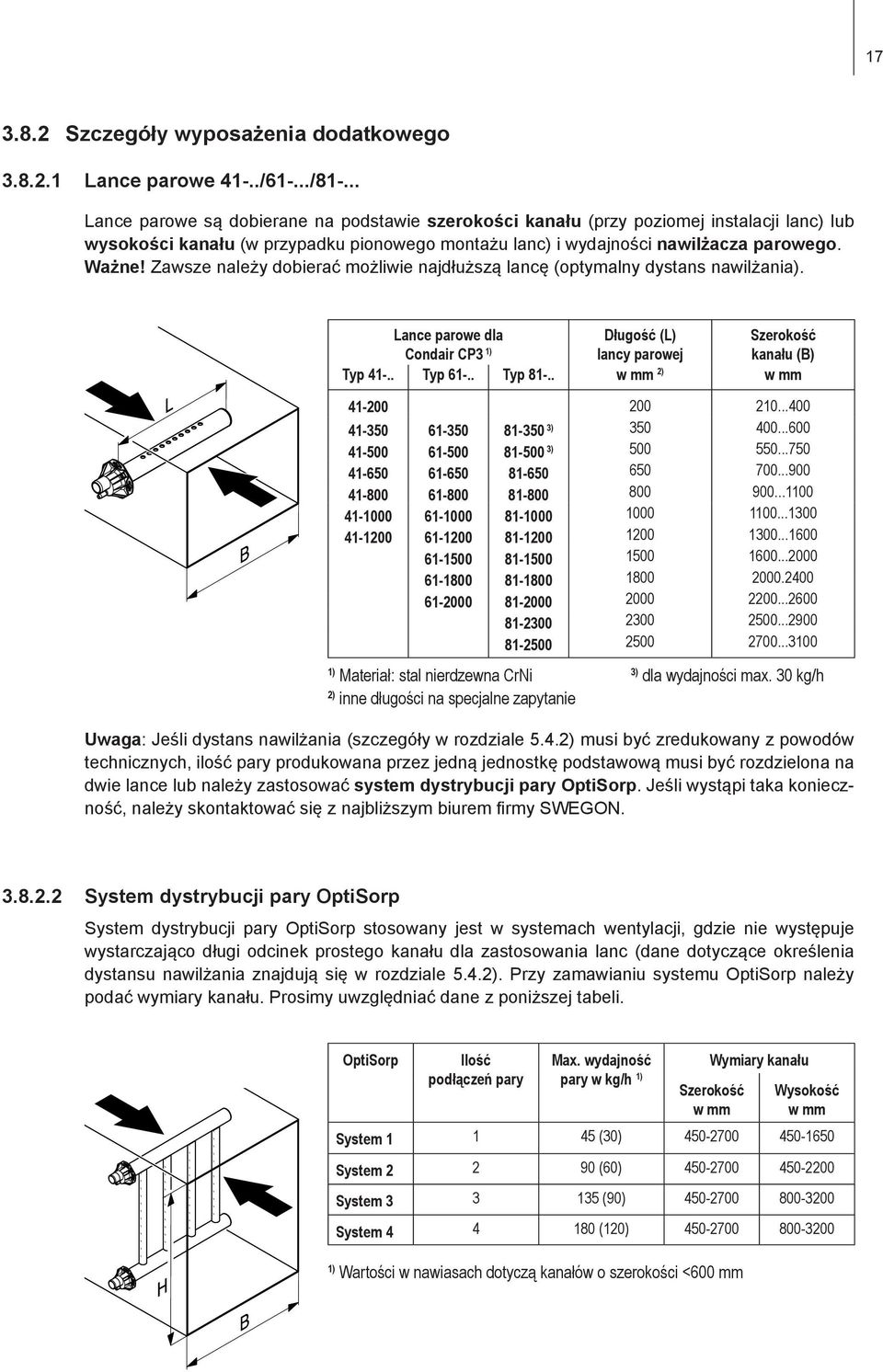 Zawsze należy dobierać możliwie najdłuższą lancę (optymalny dystans nawilżania). Lance parowe dla Condair CP3 1) Długość (L) lancy parowej Szerokość kanału (B) Typ 41-.. Typ 61-.. Typ 81-.