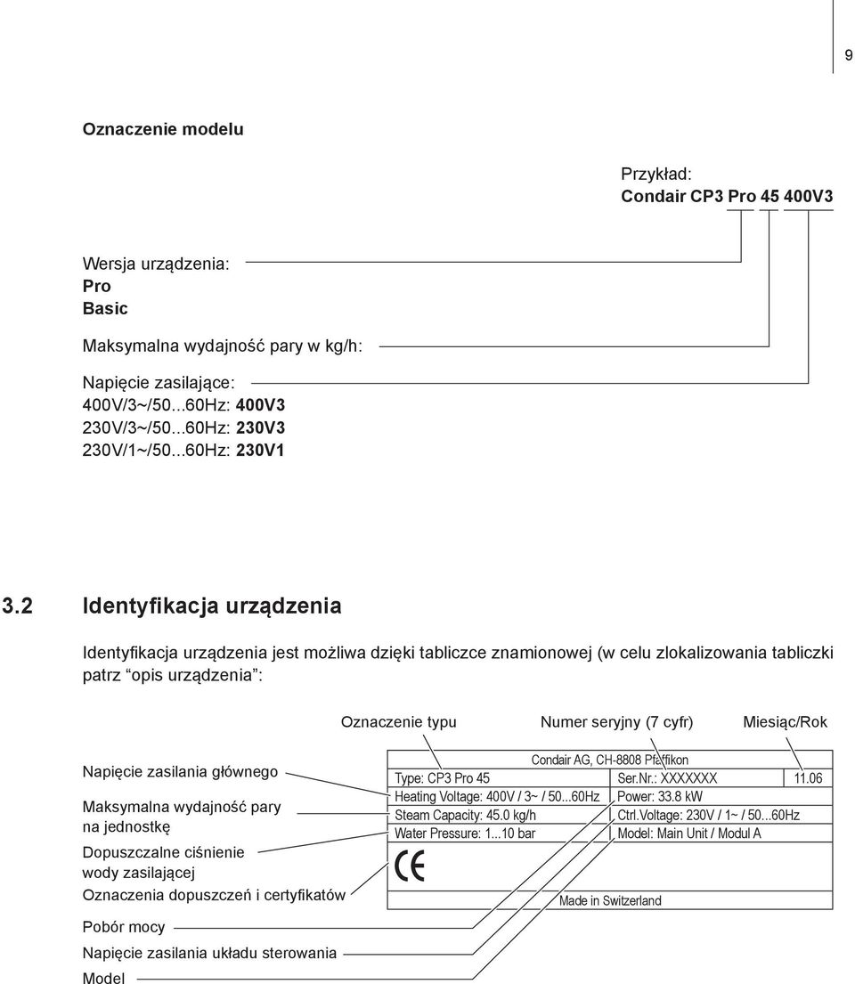 2 Identyfikacja urządzenia Identyfikacja urządzenia jest możliwa dzięki tabliczce znamionowej (w celu zlokalizowania tabliczki patrz opis urządzenia : Oznaczenie typu Numer seryjny (7 cyfr)