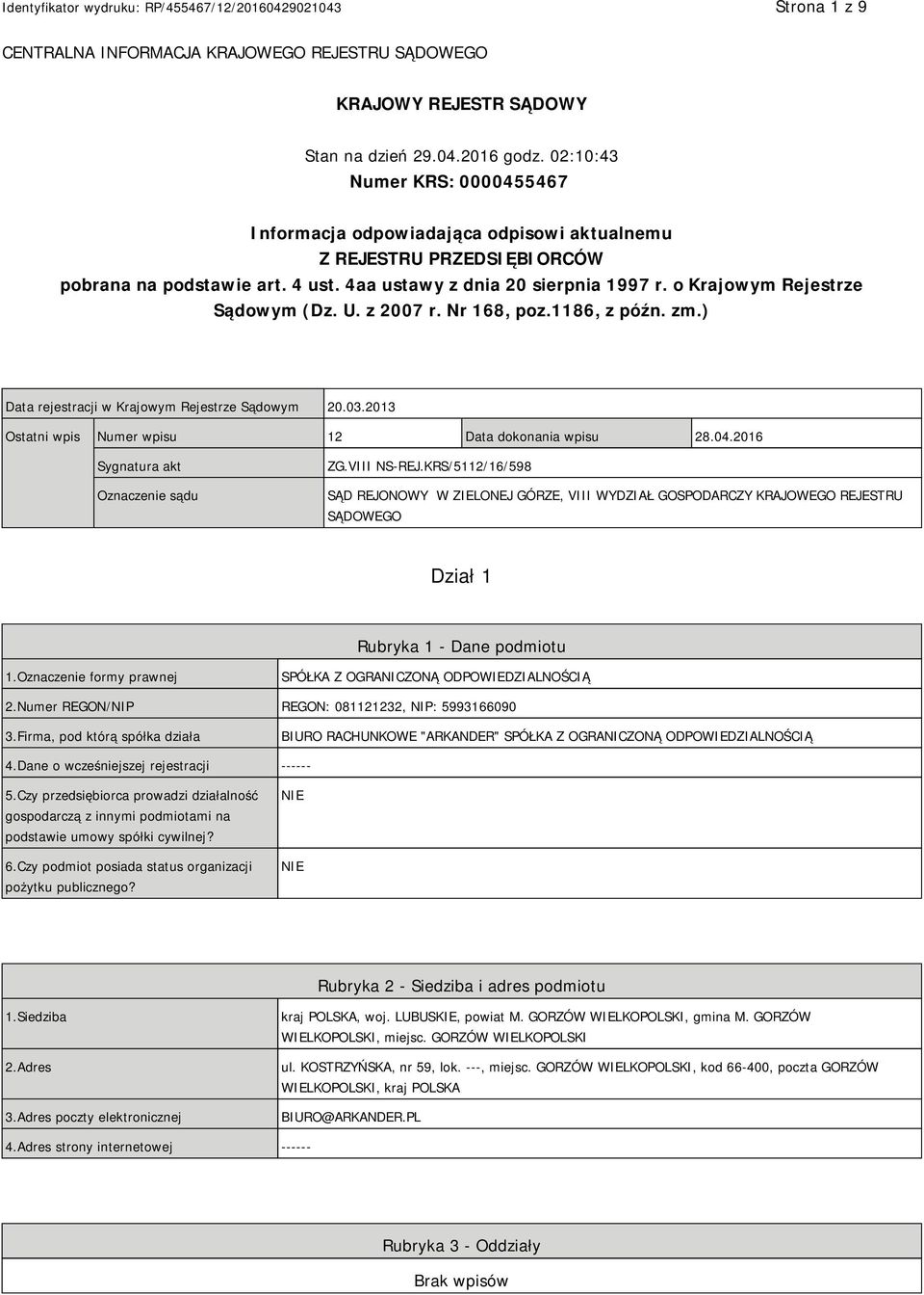 o Krajowym Rejestrze Sądowym (Dz. U. z 2007 r. Nr 168, poz.1186, z późn. zm.) Data rejestracji w Krajowym Rejestrze Sądowym 20.03.2013 Ostatni wpis Numer wpisu 12 Data dokonania wpisu 28.04.