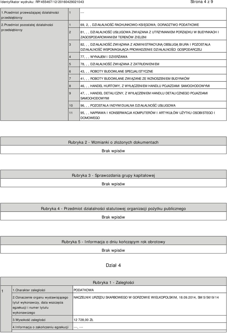 ZAGOSPODAROWAM TERENÓW ZIELENI 3 82,,, DZIAŁALNOŚĆ ZWIĄZANA Z ADMINISTRACYJNĄ OBSŁUGĄ BIURA I POZOSTAŁA DZIAŁALNOŚĆ WSPOMAGAJĄCA PROWADZE DZIAŁALNOŚCI GOSPODARCZEJ 4 77,,, WYNAJEM I DZIERŻAWA 5 78,,,