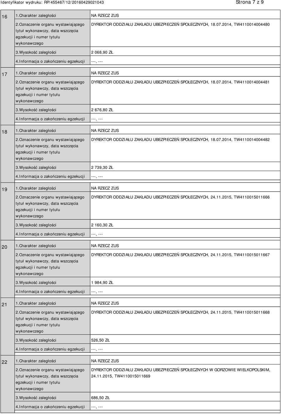 Charakter zaległości NA RZECZ ZUS DYREKTOR ODDZIAŁU ZAKŁADU UBEZPIECZEŃ SPOŁECZNYCH, 18.07.2014, TW4110014004482 2 739,30 ZŁ 19 1.