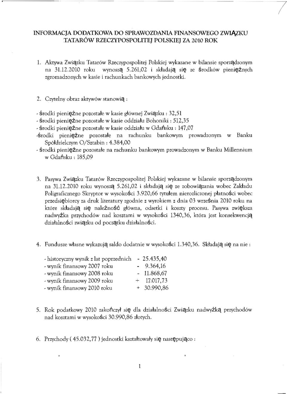 Czytelny obraz aktywów stanowią : - Środki pieniężne pozostałe w kasie głównej Związku : 32,51 - Środki pieniężne pozostałe w kasie oddziału Bohoniki: 512,35 ' Środki pieniężne pozostałe w kasie