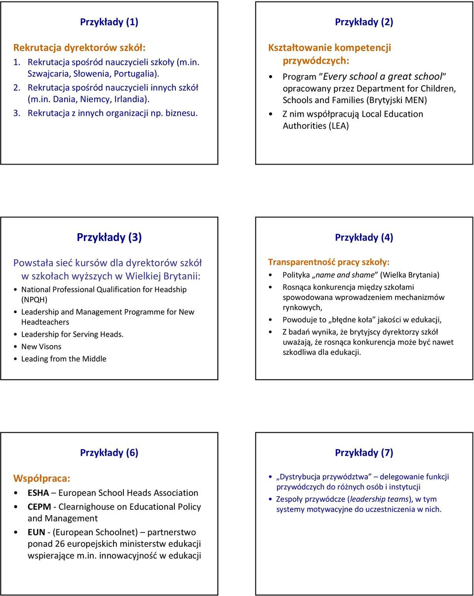 Przykłady (2) Kształtowanie kompetencji przywódczych: Program Every school a great school opracowany przez Departmentfor Children, Schools and Families(Brytyjski MEN) Z nim współpracują Local