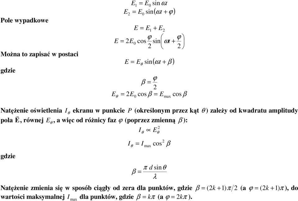 pola E r, równej E θ, a więc od różnicy az ϕ (poprzez zmienną β ): Iθ E θ gdzie I = θ I max cos π d sinθ β = λ Natężenie zmienia się w