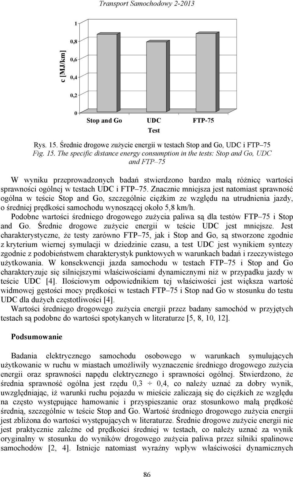 The specific distance energy consumption in the tests: Stop and Go, DC and FTP 75 W wyniku przeprowadzonych badań stwierdzono bardzo małą różnicę wartości sprawności ogólnej w testach DC i FTP 75.