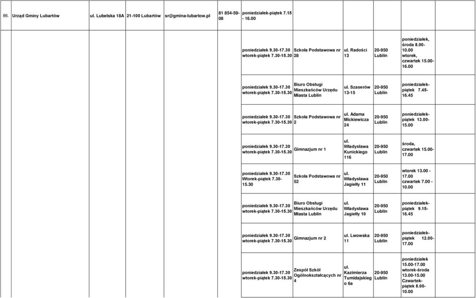 00- Gimnazjum nr 1 wtorek-piątek 7.30- Władysława Kunickiego 116 środa, czwartek - 17.00 Wtorek-piątek 7.30- Szkoła Podstawowa nr 52 Władysława Jagiełły 11 wtorek 13.00-17.00 czwartek 7.00-10.