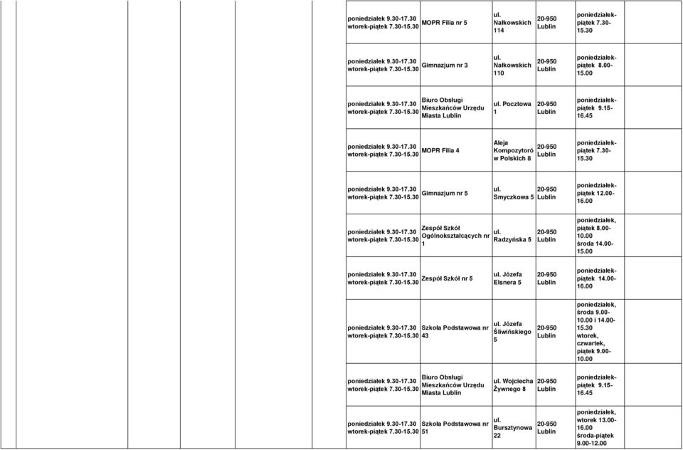 30- Radzyńska 5 1 poniedziałek, piątek 10.00 środa 14.00- Zespół Szkół nr 5 wtorek-piątek 7.30- Józefa Elsnera 5 14.00- Szkoła Podstawowa nr wtorek-piątek 7.