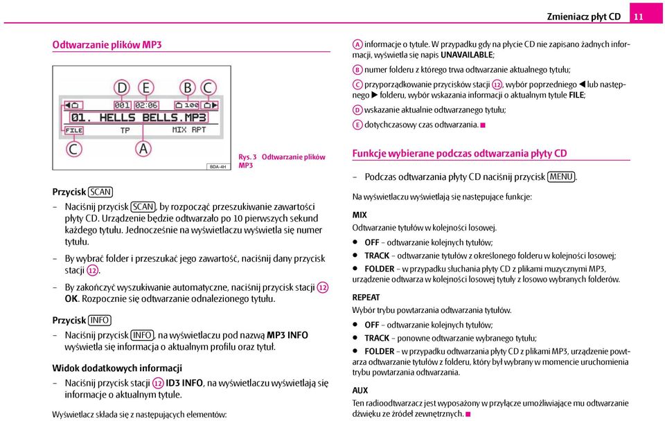 A12, wybór poprzedniego lub następnego folderu, wybór wskazania informacji o aktualnym tytule FILE; AD wskazanie aktualnie odtwarzanego tytułu; AE dotychczasowy czas odtwarzania.