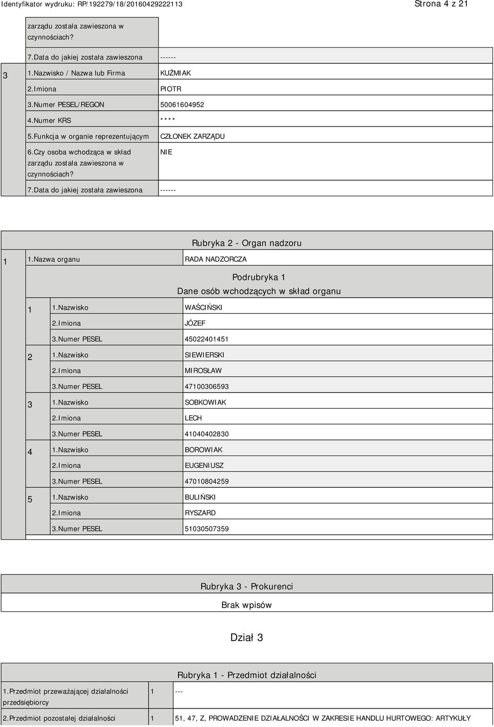 Data do jakiej została zawieszona ------ Rubryka 2 - Organ nadzoru 1 1.Nazwa organu RADA NADZORCZA Podrubryka 1 Dane osób wchodzących w skład organu 1 1.Nazwisko WAŚCIŃSKI 2.Imiona JÓZEF 3.