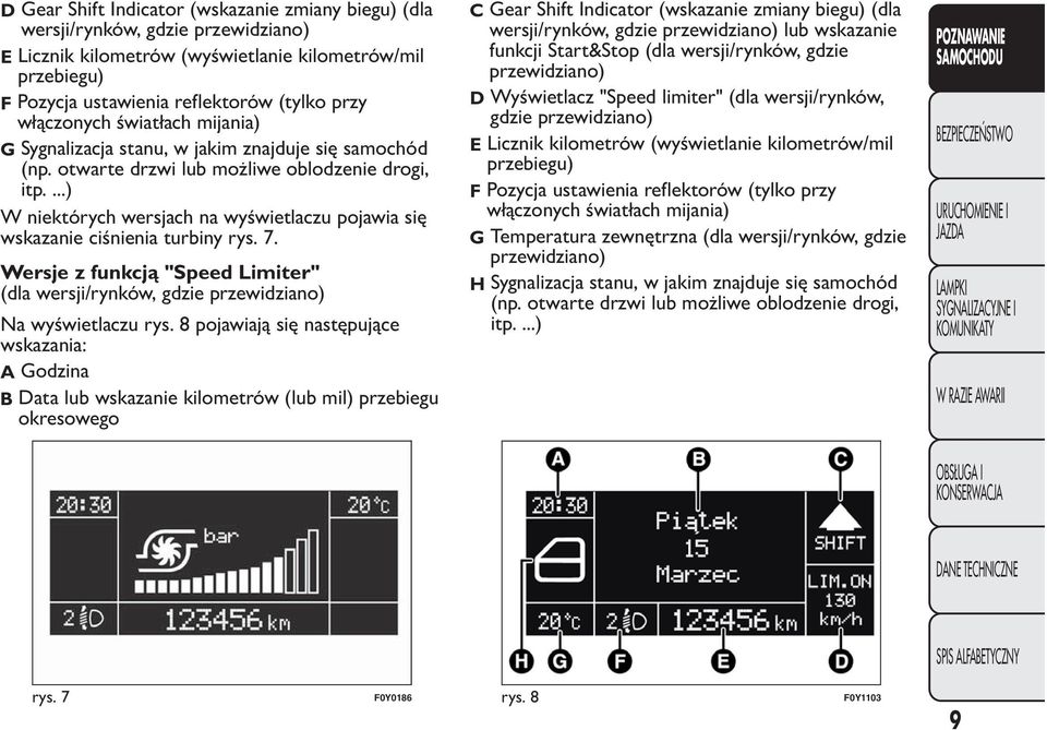 ...) W niektórych wersjach na wyświetlaczu pojawia się wskazanie ciśnienia turbiny rys. 7. Wersje z funkcją "Speed Limiter" (dla wersji/rynków, gdzie przewidziano) Na wyświetlaczu rys.