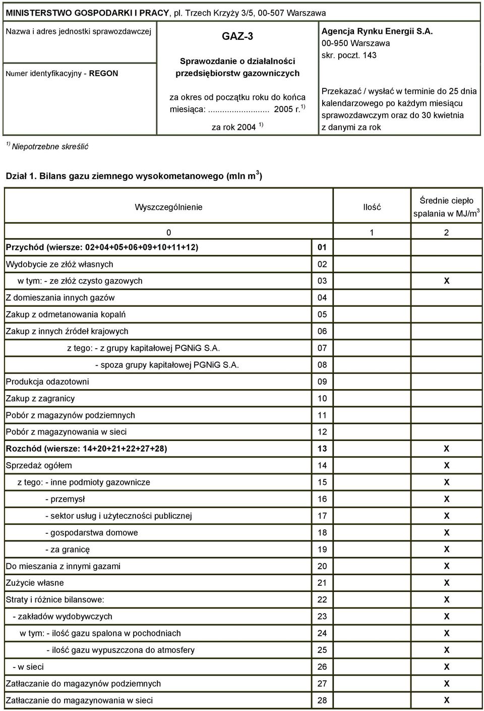 okres od początku roku do końca miesiąca:... 2005 r. 1) za rok 2004 1) Agencja Rynku Energii S.A. 00-950 Warszawa skr. poczt.