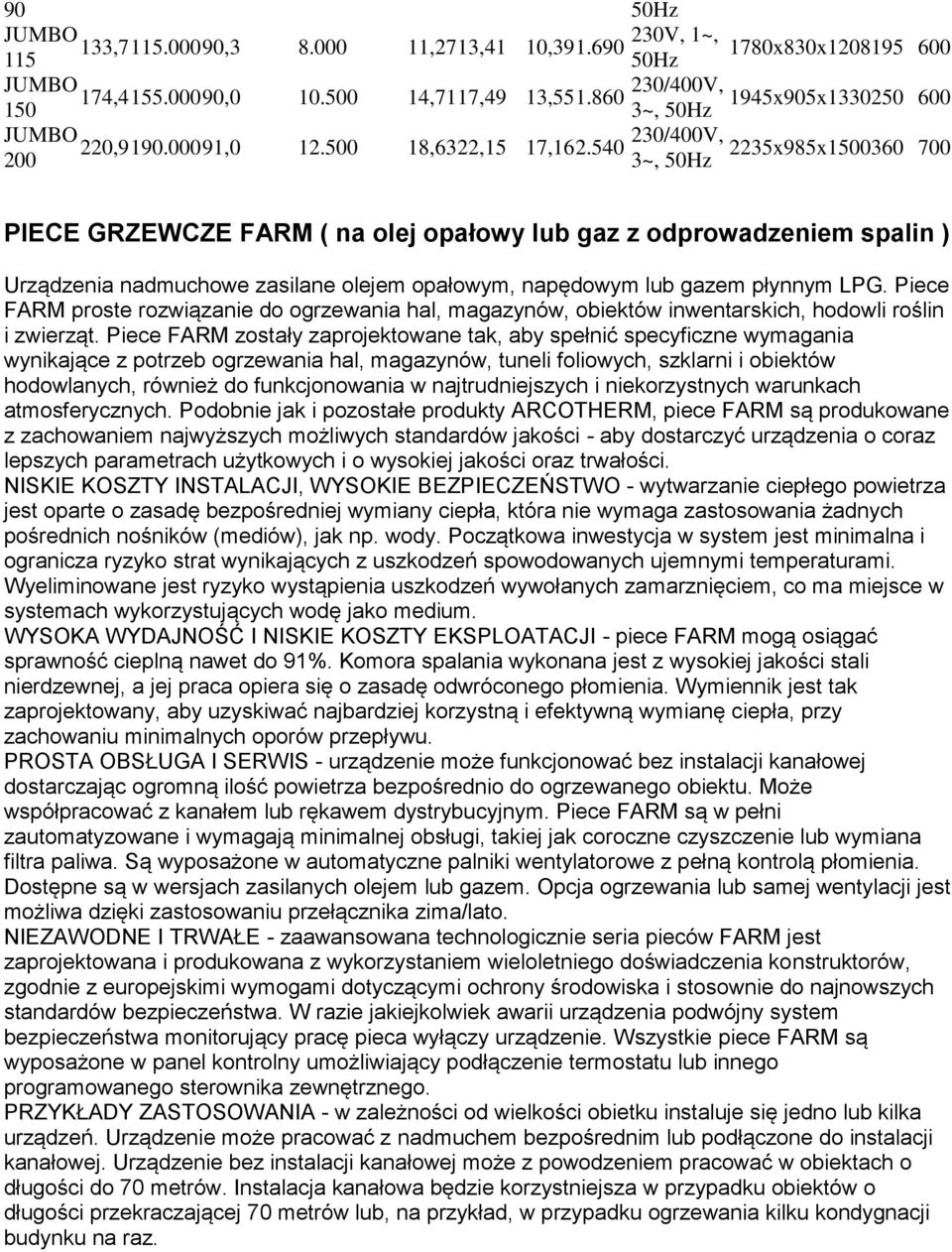 540 230/400V, 2235x985x1500360 700 200 3~, 50Hz PIECE GRZEWCZE FARM ( na olej opałowy lub gaz z odprowadzeniem spalin ) Urządzenia nadmuchowe zasilane olejem opałowym, napędowym lub gazem płynnym LPG.