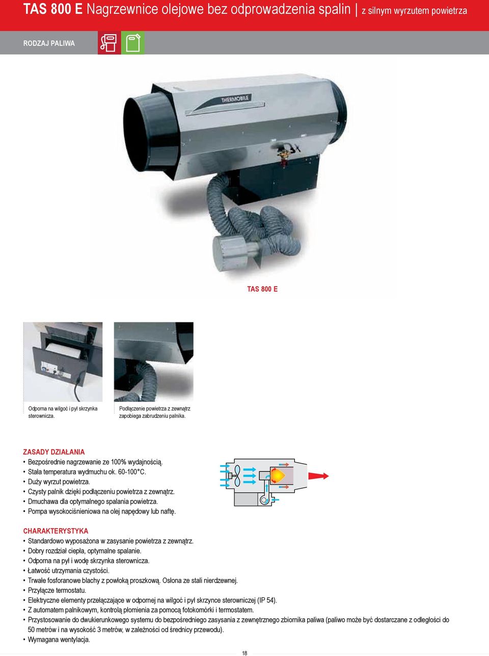 Czysty palnik dzięki podłączeniu powietrza z zewnątrz. Dmuchawa dla optymalnego spalania powietrza. Pompa wysokociśnieniowa na olej napędowy lub naftę.