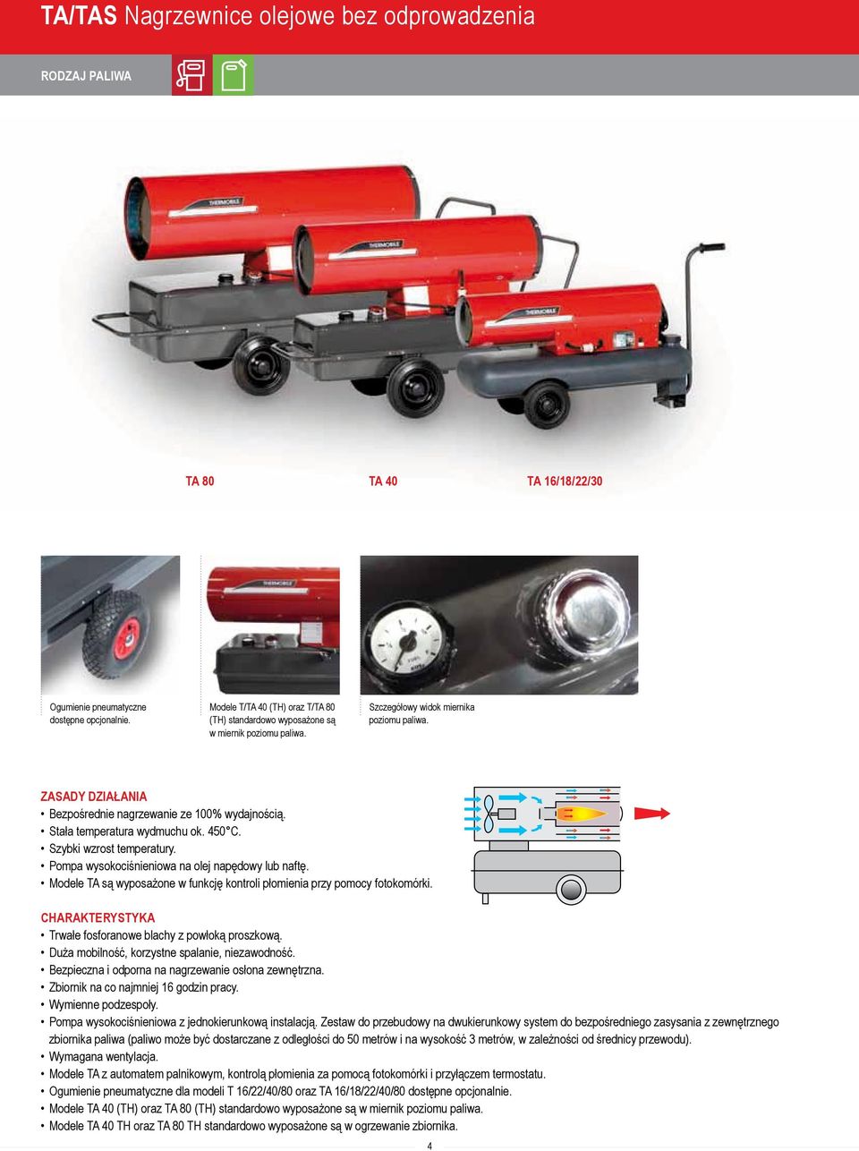 Stała temperatura wydmuchu ok. 450 C. Szybki wzrost temperatury. Pompa wysokociśnieniowa na olej napędowy lub naftę. Modele TA są wyposażone w funkcję kontroli płomienia przy pomocy fotokomórki.