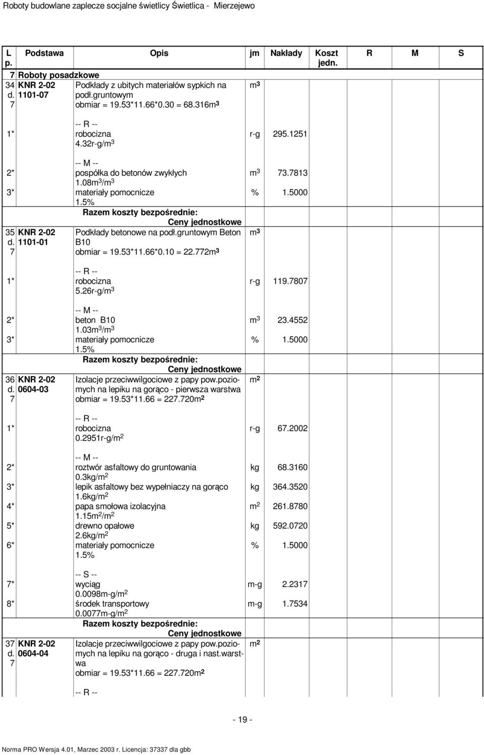 26r-g/m 3 r-g 119.7807 m 3 23.4552 2* beton B10 1.03m 3 /m 3 3* materiały pomocnicze 36 KNR 2-02 d. 0604-03 7 Izolacje przeciwwilgociowe z papy pow.