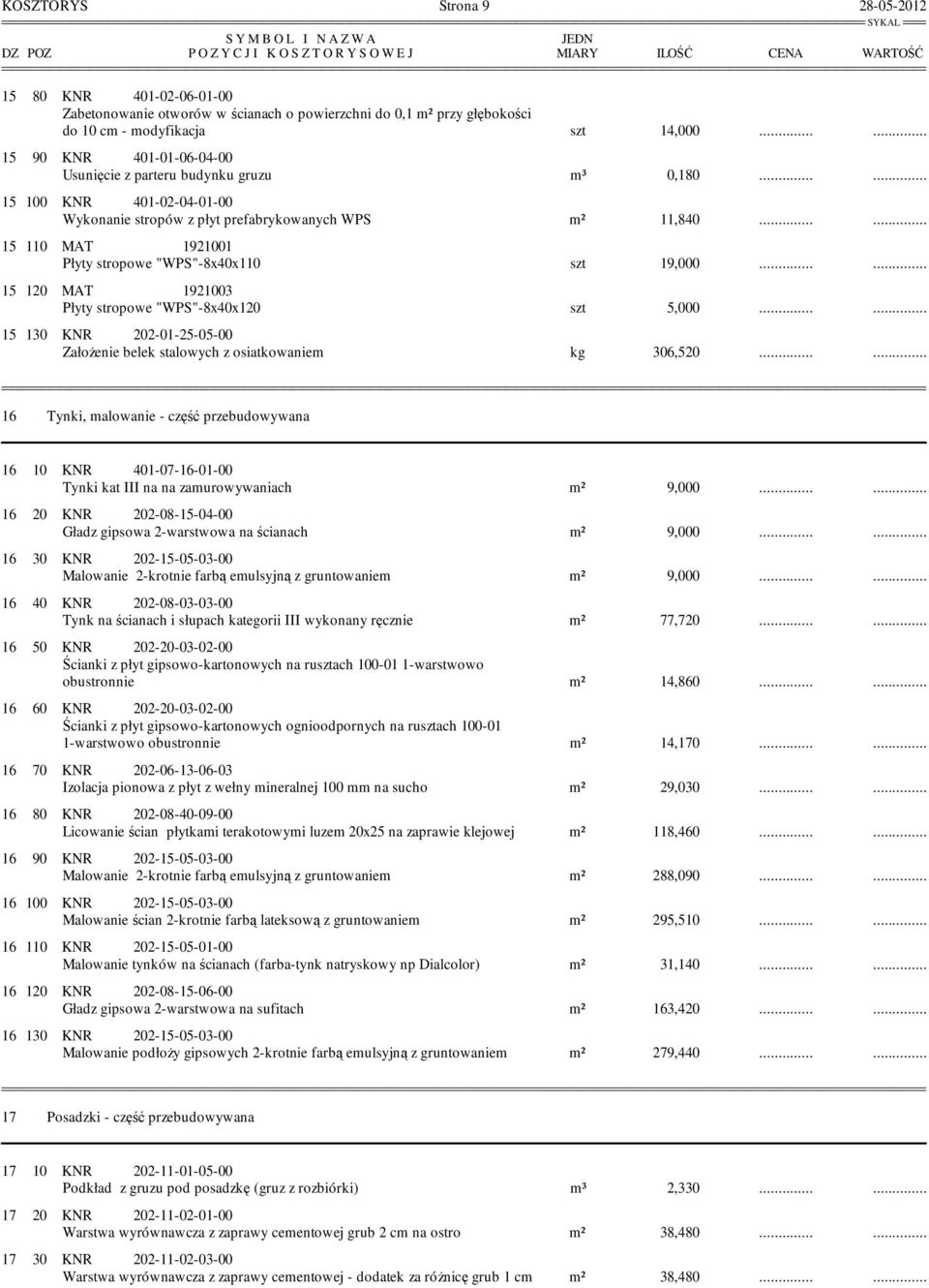 ..... 15 100 KNR 401-02-04-01-00 Wykonanie stropów z płyt prefabrykowanych WPS m² 11,840...... 15 110 MAT 1921001 Płyty stropowe "WPS"-8x40x110 szt 19,000.