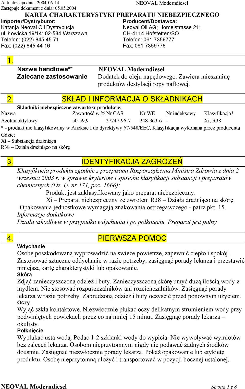 CH-4114 Hofstetten/SO Telefon: 061 7359777 Fax: 061 7359778 1. Nazwa handlowa** Zalecane zastosowanie NEOVAL Moderndiesel Dodatek do oleju napędowego.