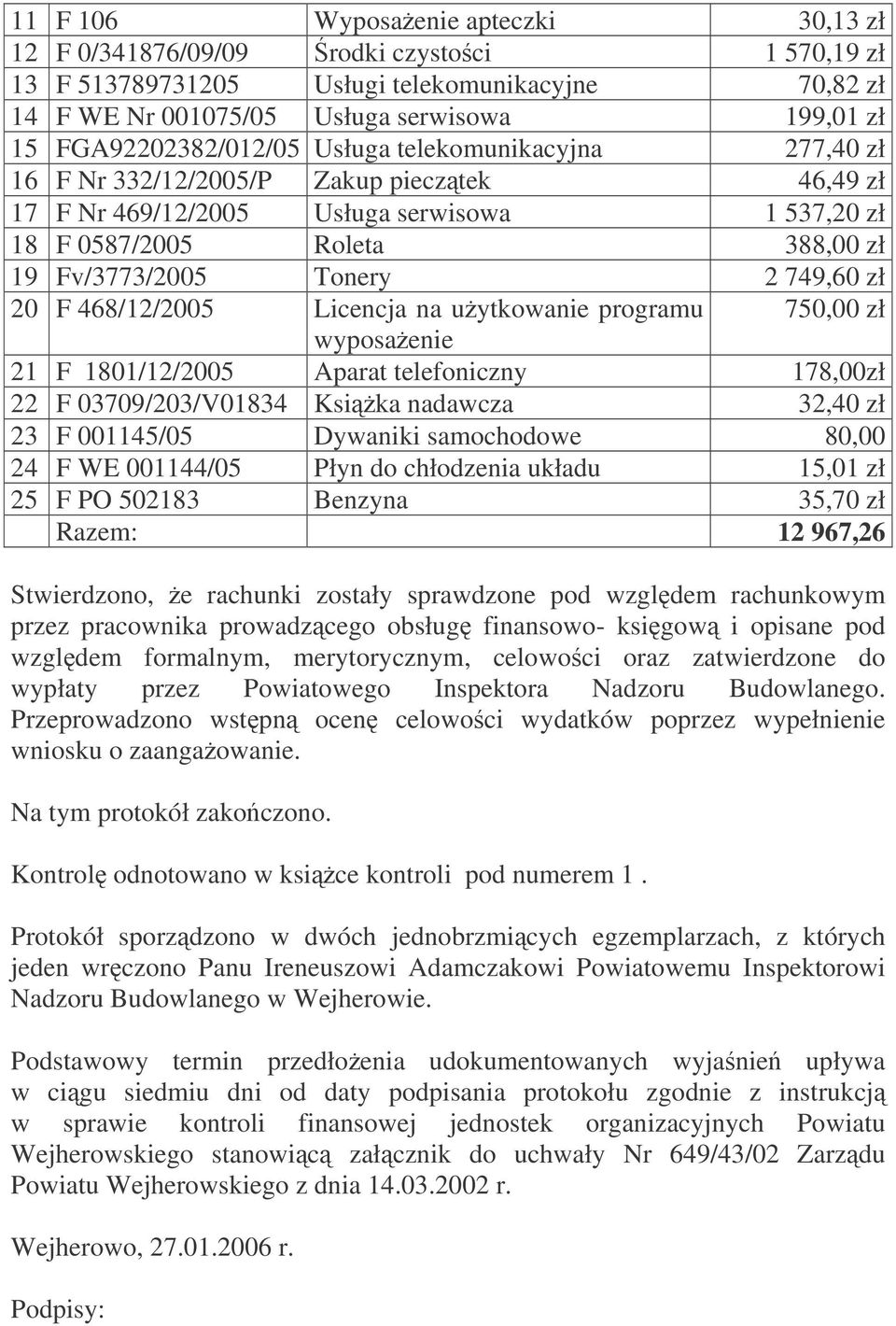 Tonery 2 749,60 zł 20 F 468/12/2005 Licencja na uytkowanie programu 750,00 zł wyposaenie 21 F 1801/12/2005 Aparat telefoniczny 178,00zł 22 F 03709/203/V01834 Ksika nadawcza 32,40 zł 23 F 001145/05