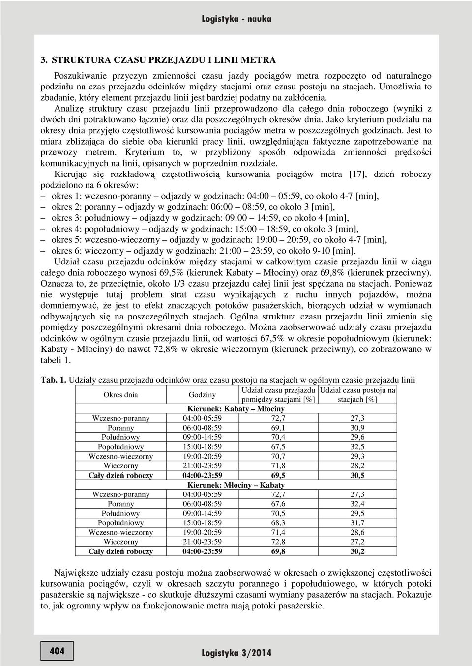 Analzę struktury czasu przejazdu ln przeprowadzono dla całego dna roboczego (wynk z dwóch dn potraktowano łączne) oraz dla poszczególnych okresów dna.