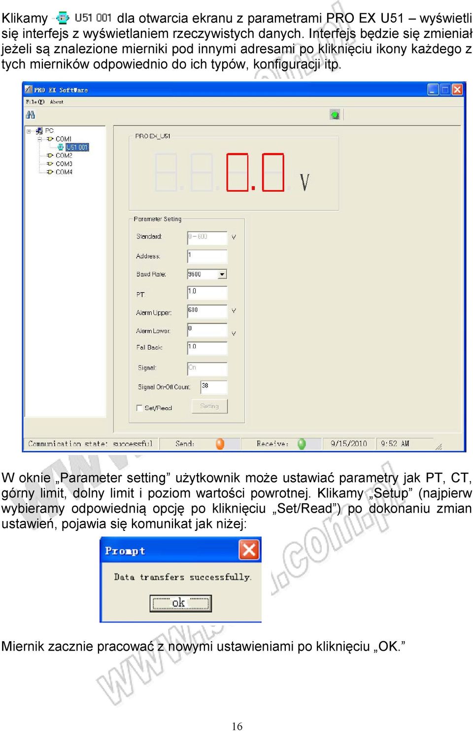 konfiguracji itp. W oknie Parameter setting użytkownik może ustawiać parametry jak PT, CT, górny limit, dolny limit i poziom wartości powrotnej.