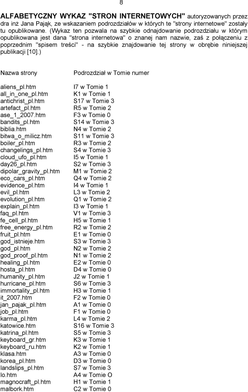 znajdowanie tej strony w obrębie niniejszej publikacji [10].) Nazwa strony Podrozdział w Tomie numer aliens_pl.htm I7 w Tomie 1 all_in_one_pl.htm K1 w Tomie 1 antichrist_pl.