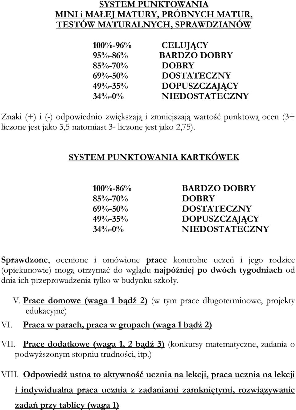 SYSTEM PUNKTOWANIA KARTKÓWEK 100%-86% BARDZO DOBRY 85%-70% DOBRY 69%-50% DOSTATECZNY 49%-35% DOPUSZCZAJĄCY 34%-0% NIEDOSTATECZNY Sprawdzone, ocenione i omówione prace kontrolne uczeń i jego rodzice