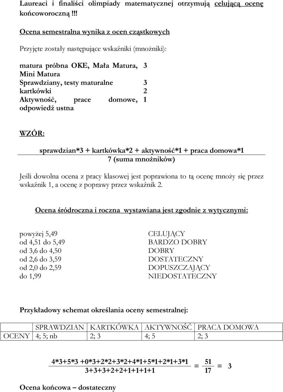 prace domowe, 1 odpowiedź ustna WZÓR: sprawdzian*3 + kartkówka*2 + aktywność*1 + praca domowa*1 7 (suma mnożników) Jeśli dowolna ocena z pracy klasowej jest poprawiona to tą ocenę mnoży się przez