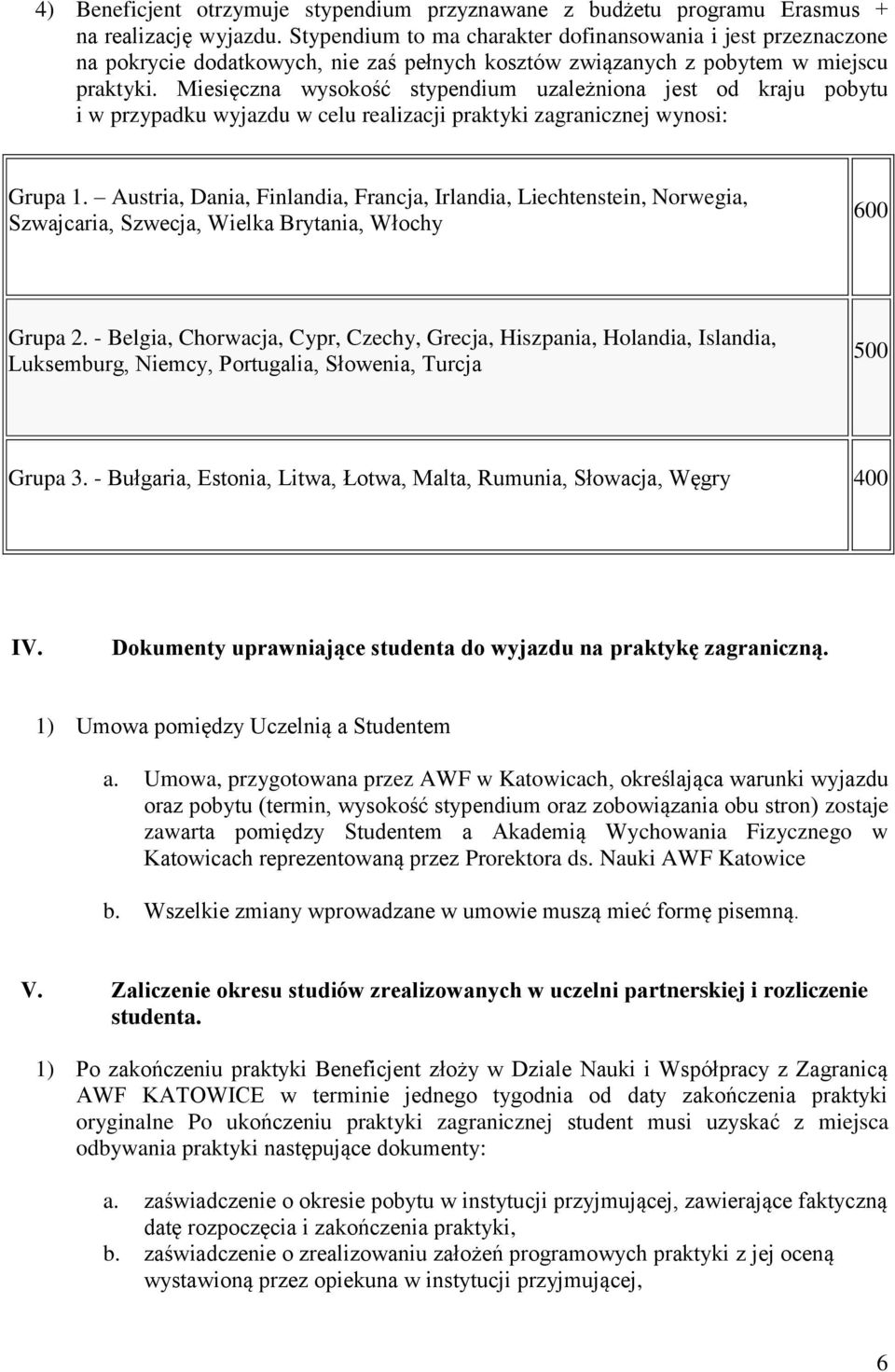 Miesięczna wysokość stypendium uzależniona jest od kraju pobytu i w przypadku wyjazdu w celu realizacji praktyki zagranicznej wynosi: Grupa 1.