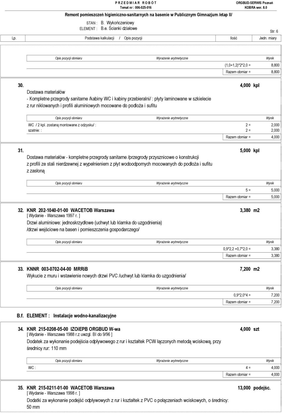 / 2 kpl. zostaną montowane z odzysku/ : 2 = 2,000 szatnie: : 2 = 2,000 Razem obmiar = 4,000 31.