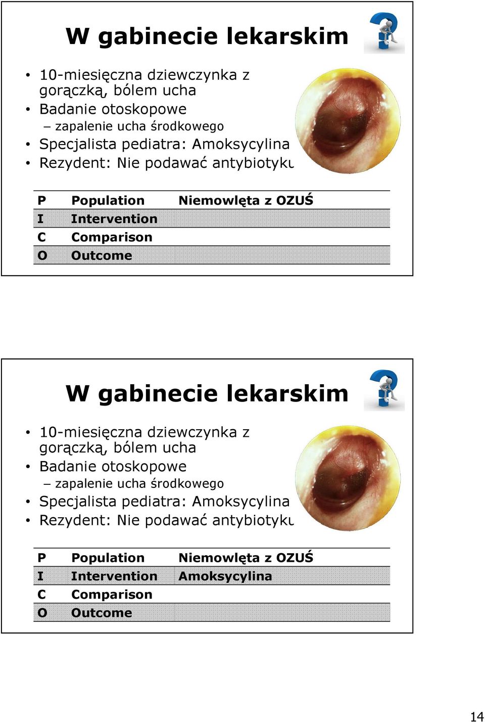 pediatra: Amoksycylina Rezydent: Nie podawać antybiotyku P Population Niemowlęta z OZUŚ I Intervention Amoksycylina C Comparison O