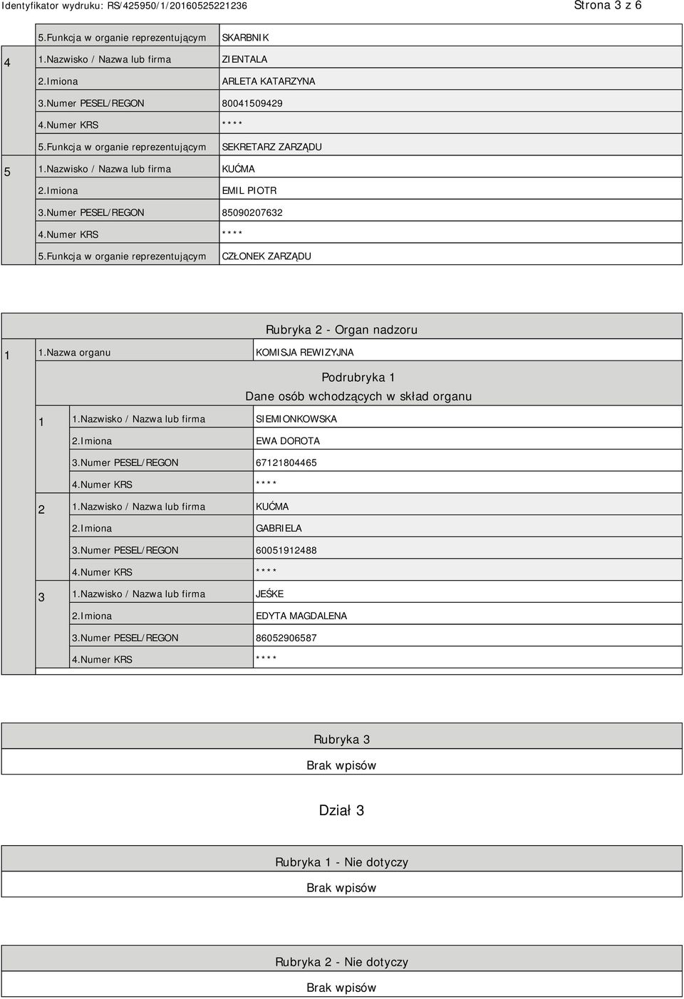 Nazwa organu KOMISJA REWIZYJNA Podrubryka 1 Dane osób wchodzących w skład organu 1 1.Nazwisko / Nazwa lub firma SIEMIONKOWSKA EWA DOROTA 3.