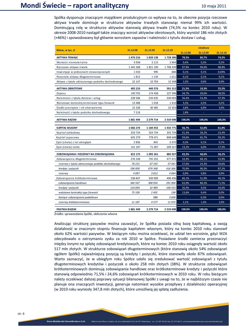 W okresie 2008-2010 nastąpił także znaczący wzrost aktywów obrotowych, który wyniósł 186 mln złotych (+46%) i spowodowany był głównie wzrostem zapasów i należności z tytułu dostaw i usług.