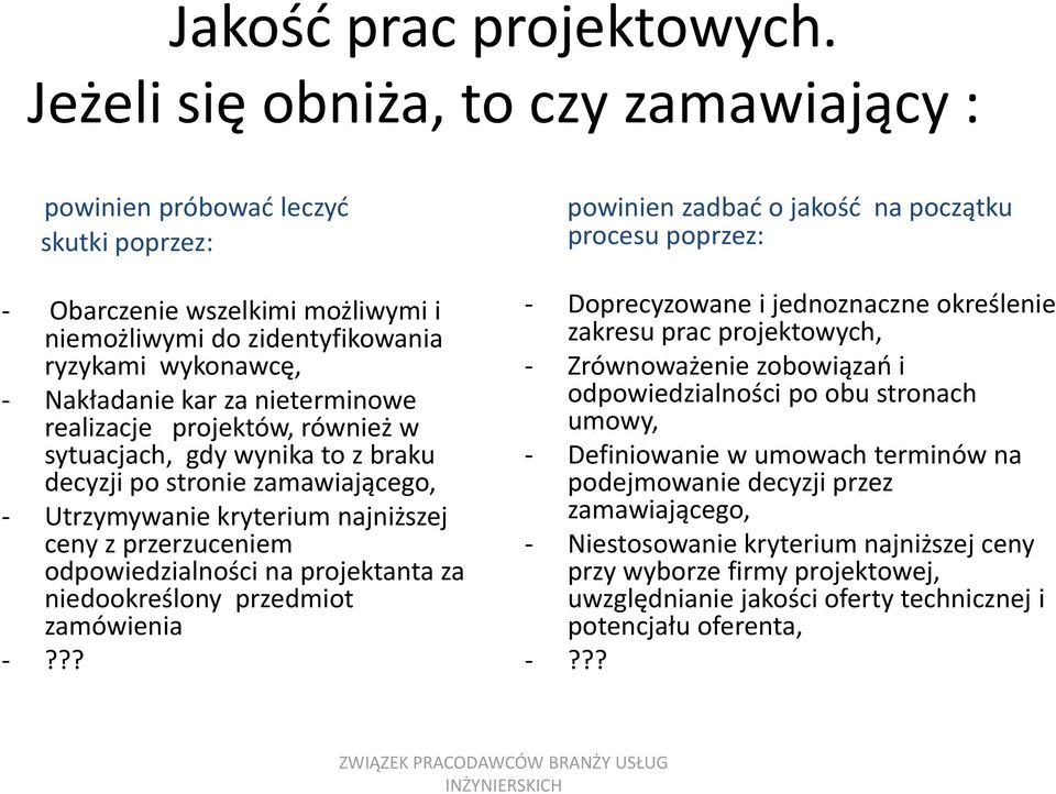 nieterminowe realizacje projektów, również w sytuacjach, gdy wynika to z braku decyzji po stronie zamawiającego, - Utrzymywanie kryterium najniższej ceny z przerzuceniem odpowiedzialności na