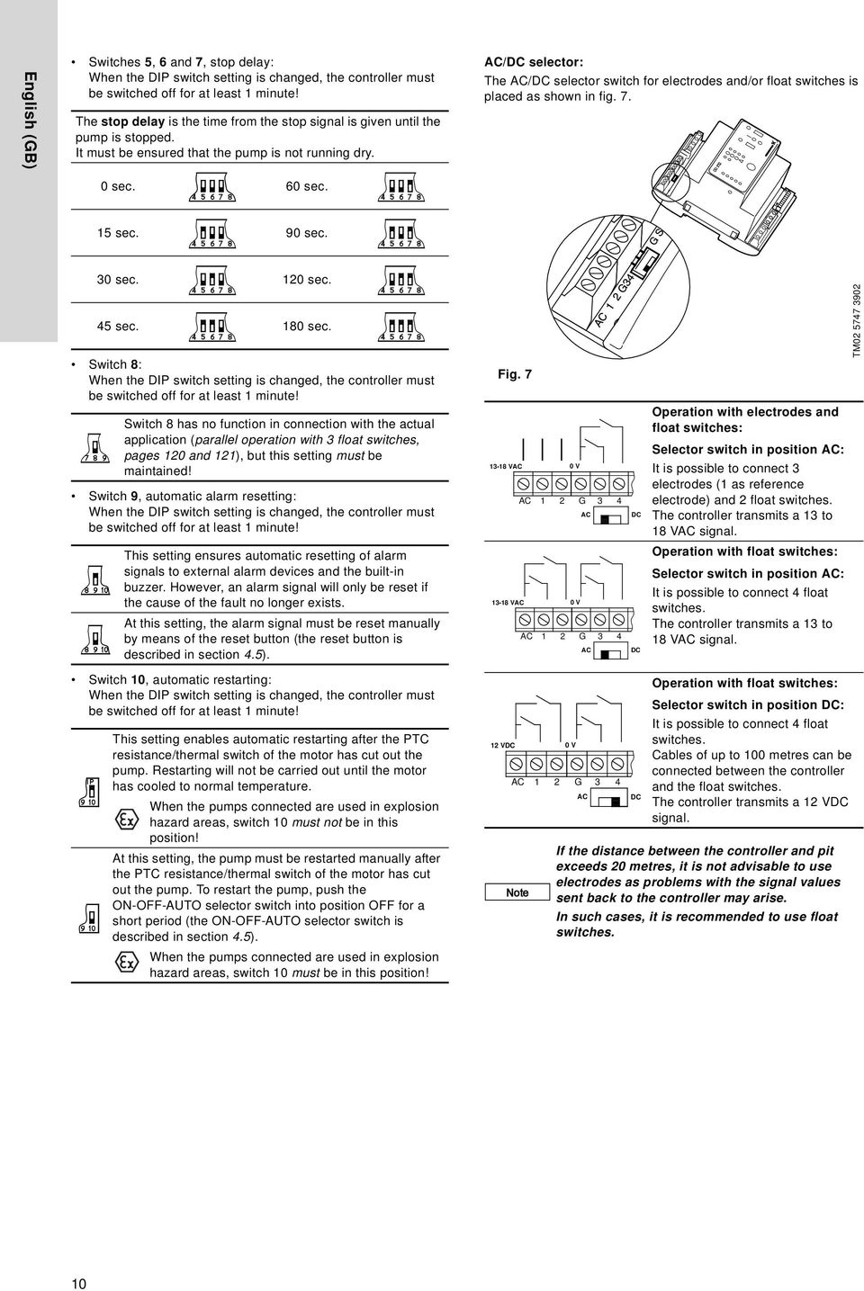 AC/DC selector: The AC/DC selector switch for electrodes and/or float switches is placed as shown in fig. 7. 0 sec. 60 sec. 5 sec. 90 sec. 30 sec. 0 sec. 45 sec. 80 sec.