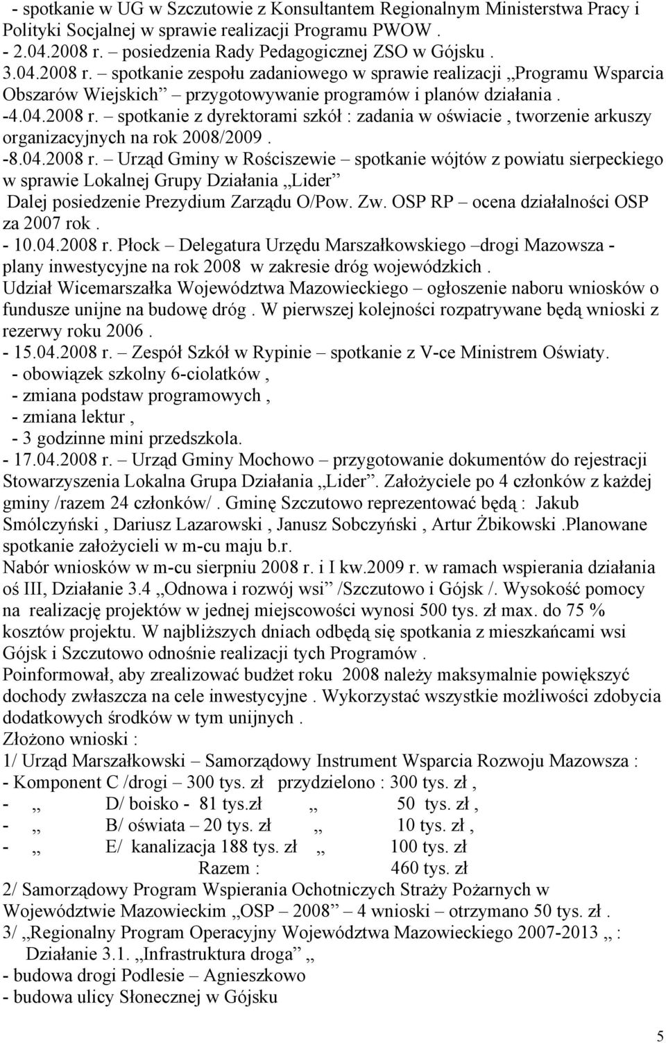 -8.04.2008 r. Urząd Gminy w Rościszewie spotkanie wójtów z powiatu sierpeckiego w sprawie Lokalnej Grupy Działania Lider Dalej posiedzenie Prezydium Zarządu O/Pow. Zw.