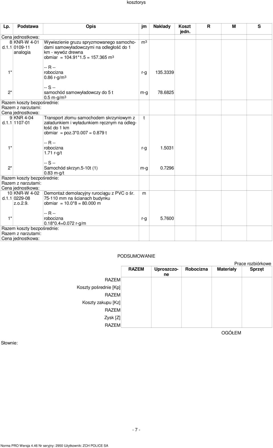 odległość do 1 km obmiar = poz3*0007 = 0879 171 r-g/ 2* Samochód skrzyn5-10 (1) 083 m-g/ 10 d11 KNR-W 4-02 0229-08 zo29 Demonaż demolacyjny rurociągu z PVC o śr 75-110 mm na ścianach budynku obmiar =
