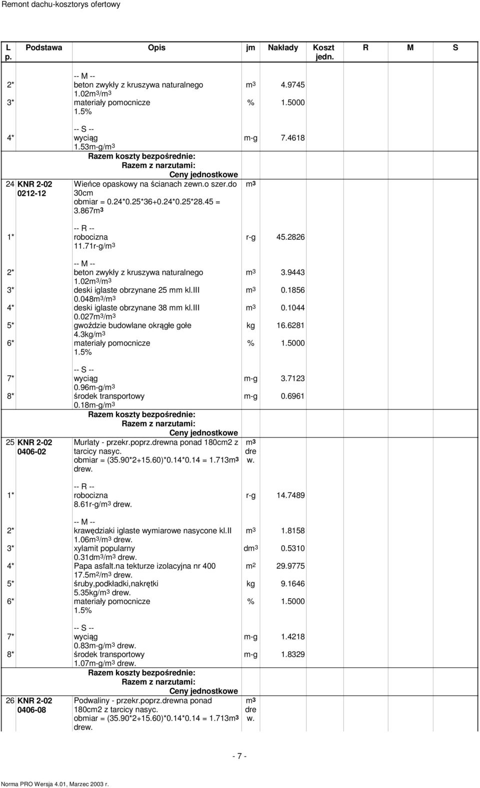 3kg/ 6* ateriały poocnicze 7* wyciąg -g 3.7123 0.96-g/ 8* środek transportowy -g 0.6961 0.18-g/ 25 KNR 2-02 0406-02 Murlaty - przekr.poprz.drewna ponad 180c2 z tarcicy nasyc. obiar = (35.90*2+15.
