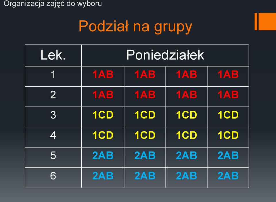 Poniedziałek 1 1AB 1AB 1AB 1AB 2 1AB 1AB